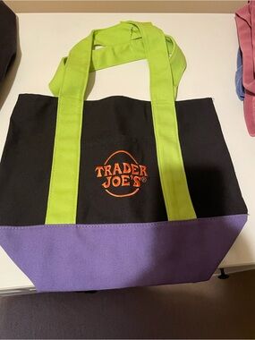 Traders Joes Mini Tote Bag Black with Lime Green Straps and Purple Base NWTs